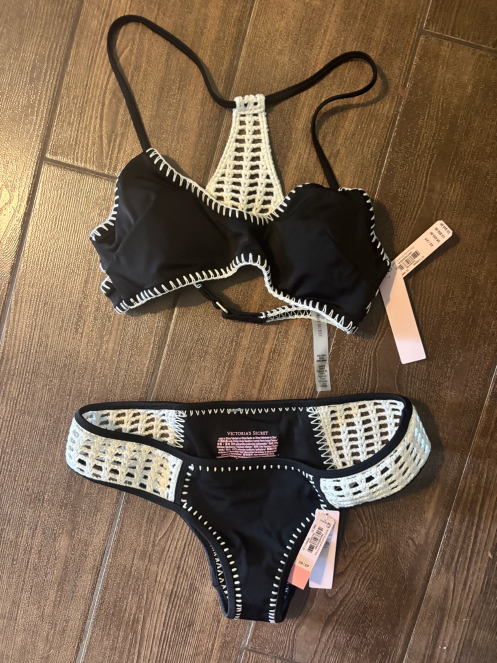 PINK Victoria's Secret Black Bikini with White Crochet Trim
